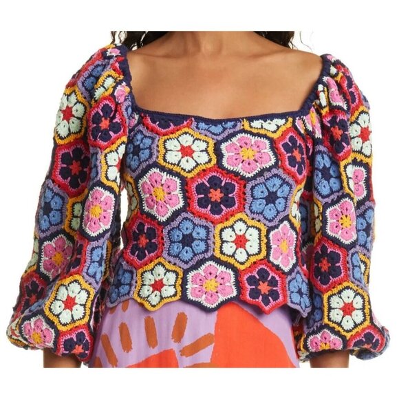 Farm Rio Top Womens Small Pink Blue Red Cotton Knit Blouse * - Picture 1 of 6